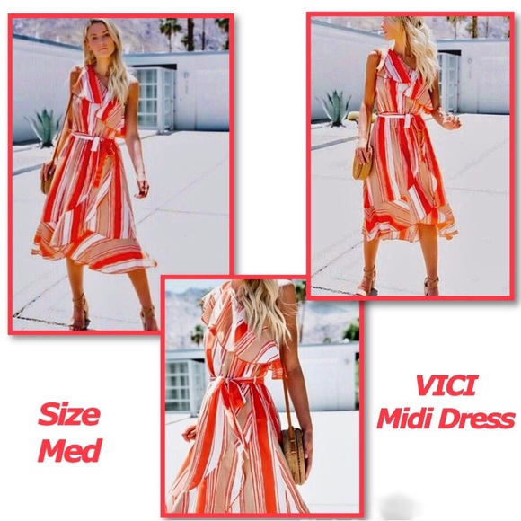 VICI stripe, ruffle one shoulder faux wrap midi dress. w/sash tie M ⚡️FLASH SALE - Picture 16 of 16